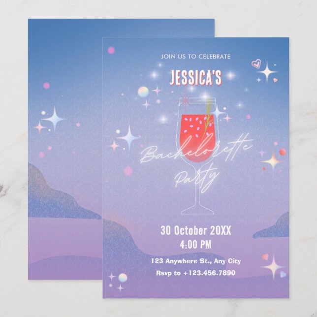 Invitación Copo de cóctel de despedida de soltera brillante (Anverso / Reverso)