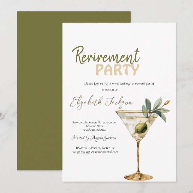 Invitación Copo de Martini de Acuarela Fiesta de Jubilación (Anverso / Reverso)