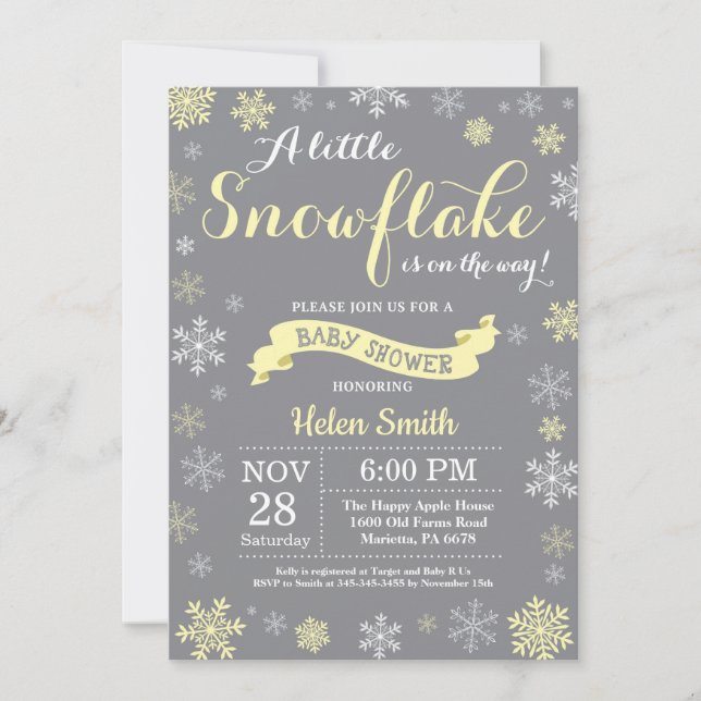 Invitación Copo de nieve amarillo y gris de Baby Shower en in (Anverso)