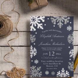 Invitación Copo de Nieve Azul Marino Boda de Invierno