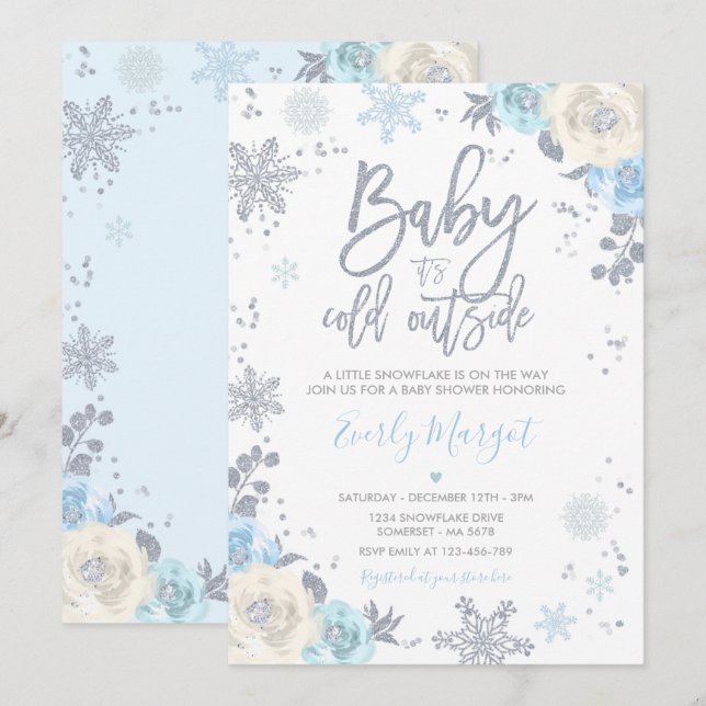 Invitación Copo de nieve Baby Shower Silver & Blue Floral Win (Anverso / Reverso)