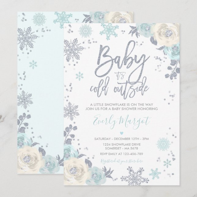 Invitación Copo de nieve Baby Shower Silver & Mint Floral Win (Anverso / Reverso)