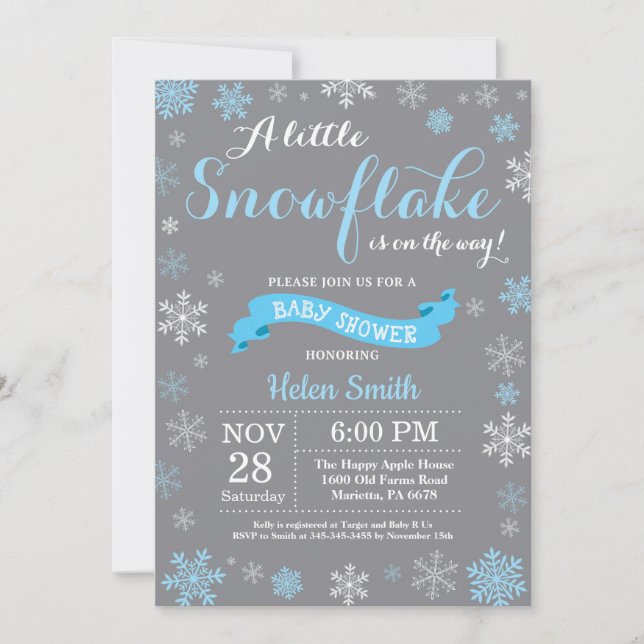 Invitación Copo de nieve blanco de Baby Shower del invierno y (Anverso)
