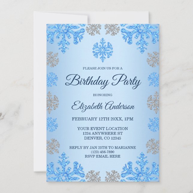 Invitación Copo de nieve Blue Silver de cumpleaños de inviern (Anverso)