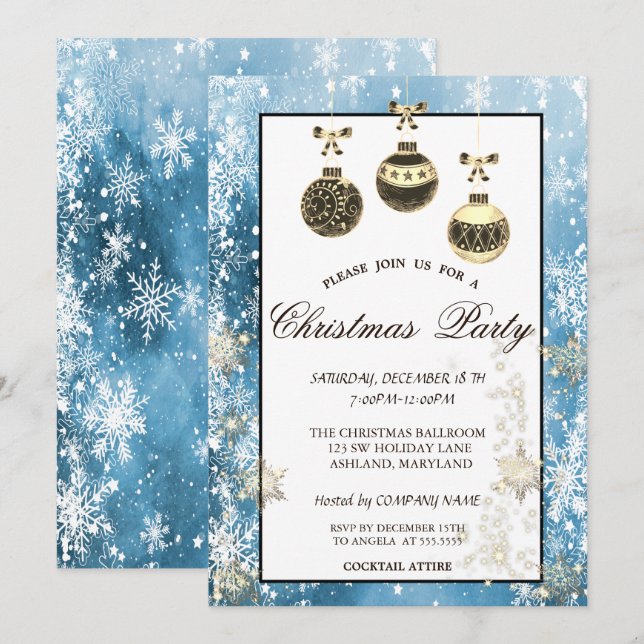 Invitación Copo de Nieve, Bolas de Navidad Fiesta de Empresa (Anverso / Reverso)