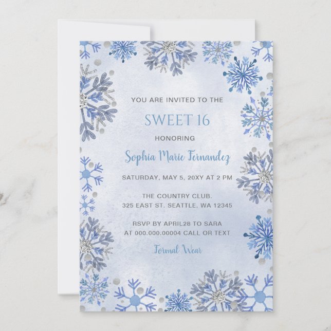 Invitación Copo de Nieve Brillo Azul Plateado Invierno Dulces (Anverso)