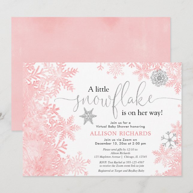 Invitación Copo de nieve chica de bebé virtual de plata rosa (Anverso / Reverso)