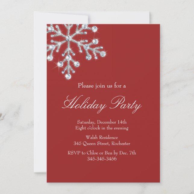 Invitación Copo de nieve cristalino del día de fiesta (rojo) (Anverso)