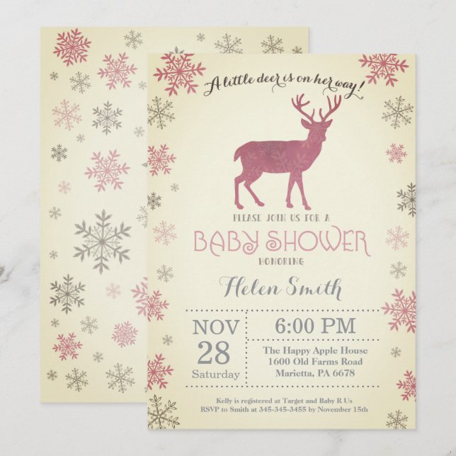 Invitación Copo de nieve de Baby Shower del chica del rosa (Anverso / Reverso)