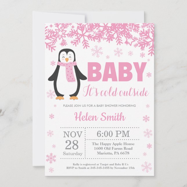 Invitación Copo de nieve de Baby Shower del chica del rosa (Anverso)