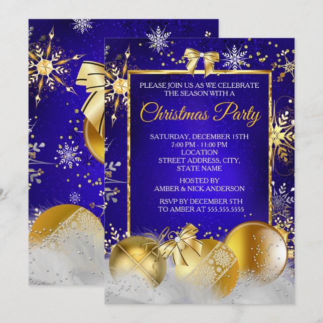 Invitación Copo de Nieve de Fiesta de Navidad Azul Real Baubl (Anverso / Reverso)