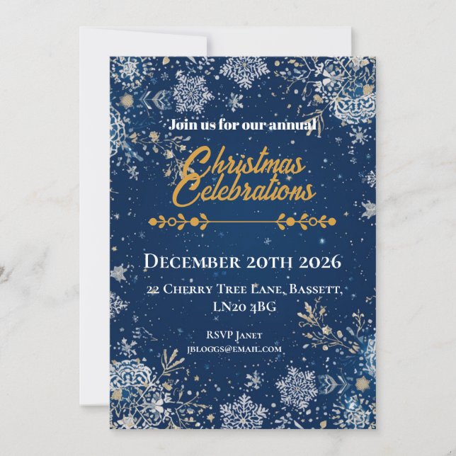 Invitación Copo de Nieve de Navidad Azul (Anverso)
