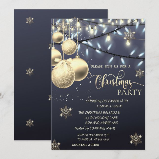 Invitación Copo de Nieve de Oro, Bolas, Luces Fiesta de Navid (Anverso / Reverso)