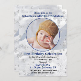Invitación Copo de nieve de primer cumpleaños azul de inviern