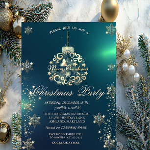 Invitación Copo de Nieve Dorado, Bola de Navidad Dorada Empre