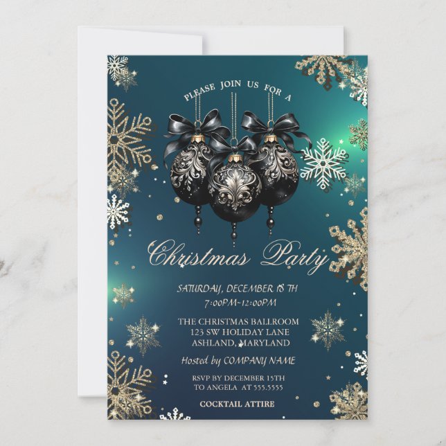 Invitación Copo de Nieve Dorado, Bolas de Navidad, Empresa Ve (Anverso)