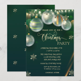 Invitación Copo de Nieve Dorado, Bolas Navidad Verde