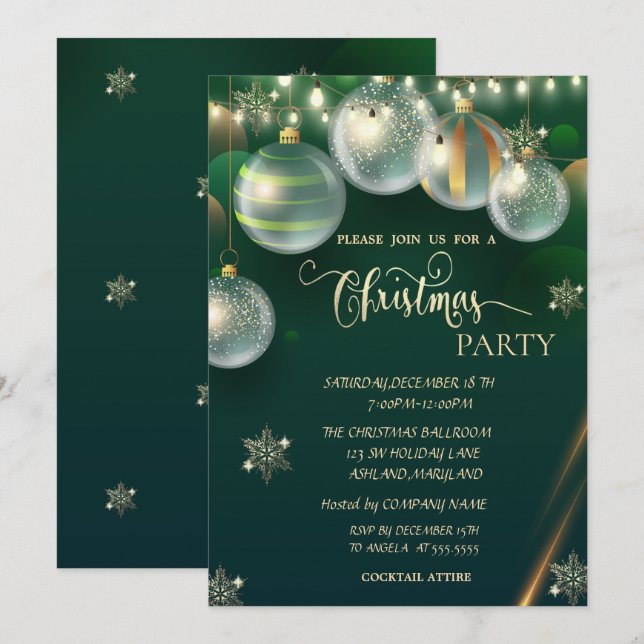 Invitación Copo de Nieve Dorado, Bolas Navidad Verde (Anverso / Reverso)