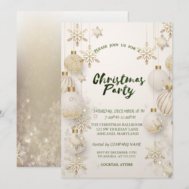 Invitación Copo de Nieve Dorado Chic, Bolas Fiesta de Navidad (Anverso / Reverso)