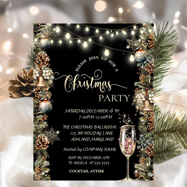 Invitación Copo de nieve dorado, copa de champán de Navidad  (Subido por el creador)