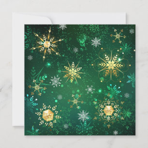 Invitación Copo de nieve dorado de Navidad sobre fondo verde