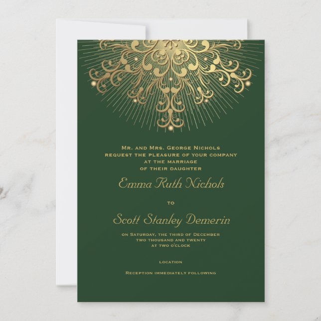 Invitación Copo de nieve dorado en una elegante boda de invie (Anverso)