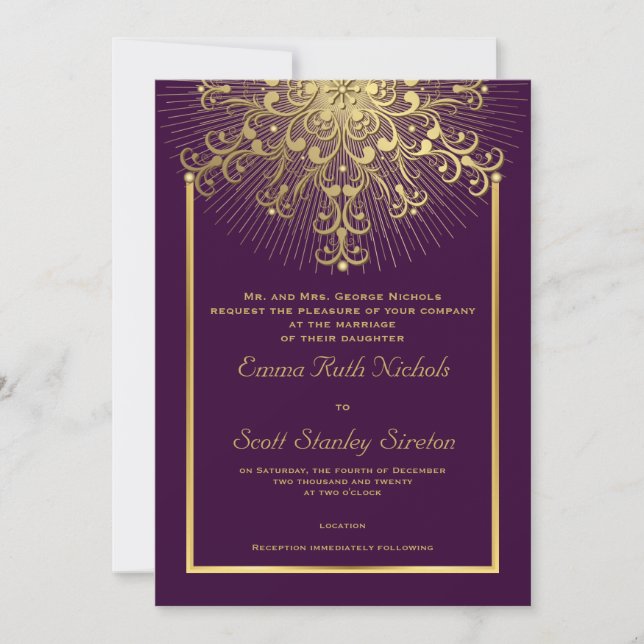 Invitación Copo de nieve dorado en una elegante boda de invie (Anverso)