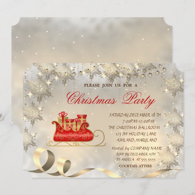 Invitación Copo de Nieve Dorado, Fiesta de Trineo de Navidad  (Anverso / Reverso)