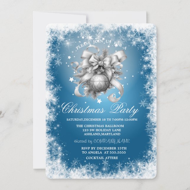 Invitación Copo de nieve,Estrellas,Bolas de Navidad Azul Navi (Anverso)