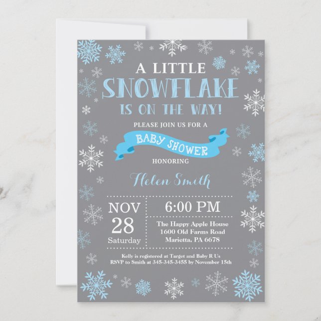 Invitación Copo de nieve gris y azul Baby Shower en invierno (Anverso)