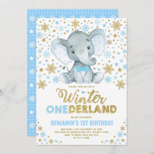 Invitación Copo de nieve Onederland, elefante azul dorado