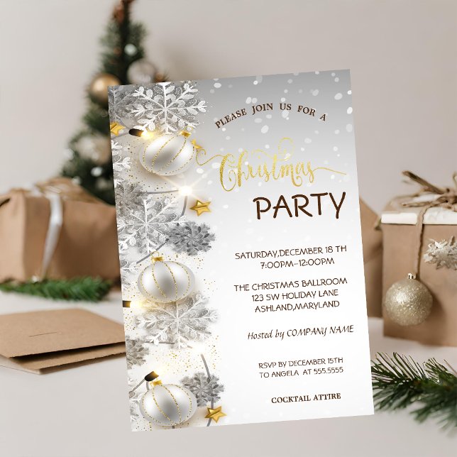 Invitación Copo de Nieve Plateado, Bolas, Fiesta de Navidad (Subido por el creador)