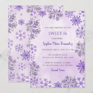 Invitación Copo de Nieve Purpura Plateado Brillo Cumpleaños D