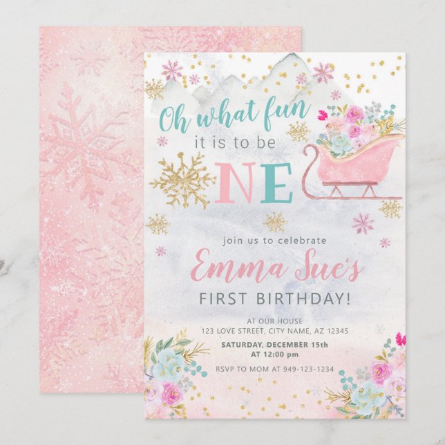Invitación Copo de nieve rosa de invierno Oh Qué divertido pr (Anverso / Reverso)