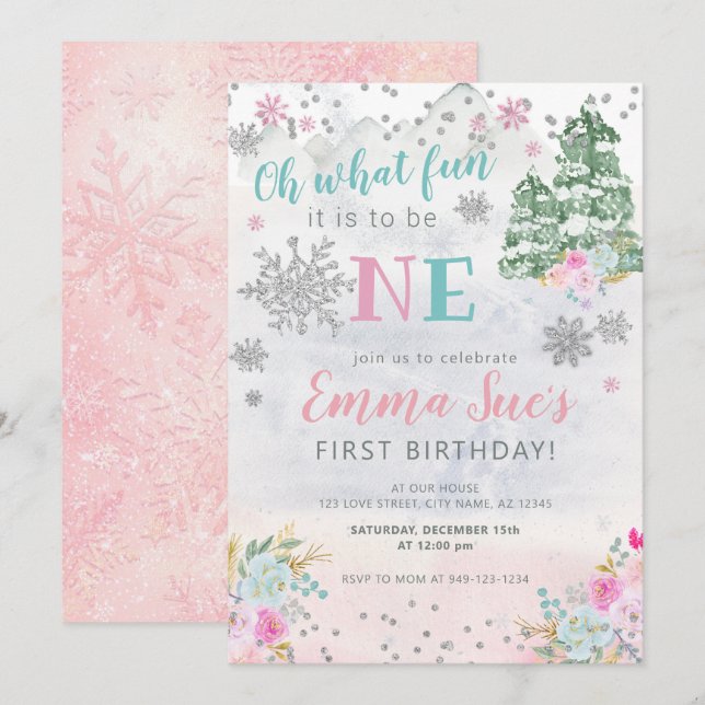 Invitación Copo de nieve rosa de invierno Oh Qué divertido pr (Anverso / Reverso)