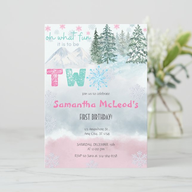 Invitación Copo de nieve rosa de invierno Oh Qué divertido se (Anverso de pie)