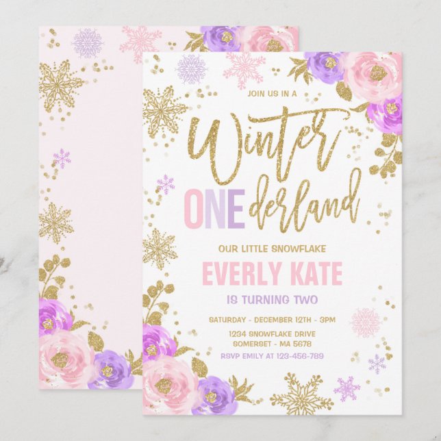 Invitación copo de nieve rosa dorado de cumpleaños de Onederl (Anverso / Reverso)