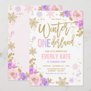 Invitación copo de nieve rosa dorado de cumpleaños de Onederl