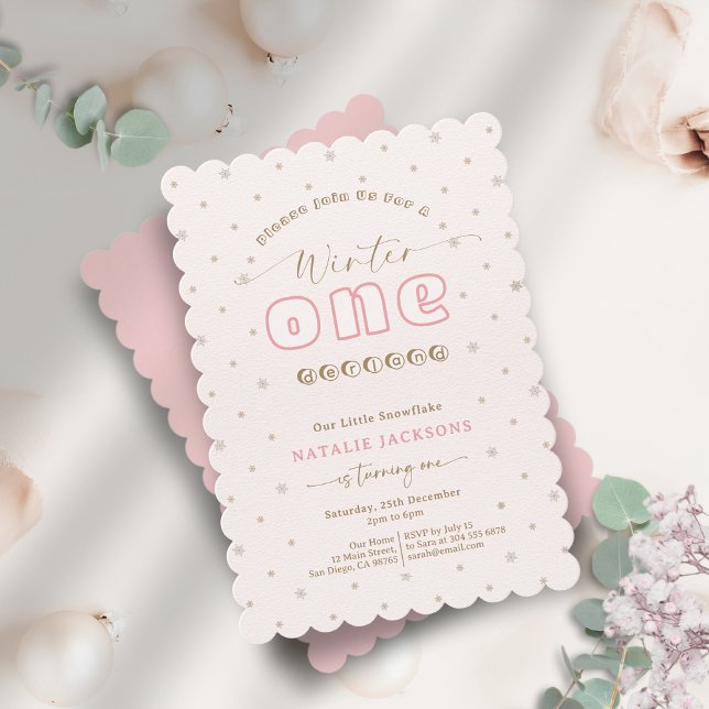 Invitación Copo de Nieve Rosa Suave Invierno Onederland Cumpl (Soft Pink Snowflake Winter Onederland Turning One Invitation)