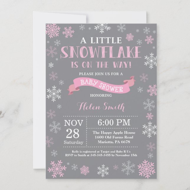 Invitación Copo de nieve rosa y gris de Baby Shower en invier (Anverso)