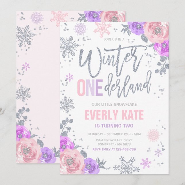 Invitación Copo de nieve rosado de cumpleaños de OneDerland e (Anverso / Reverso)