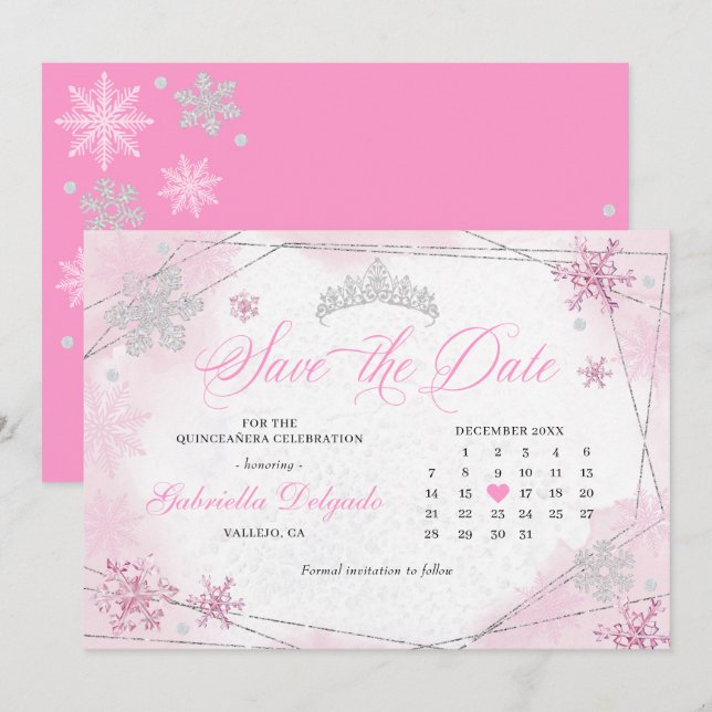 Invitación Copo De Nieve Rosado De Invierno Wonderland Salva  (Anverso / Reverso)