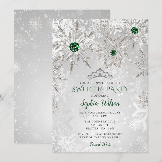 Invitación Copo de nieve verde plata Princesa Tiara Sweet 16 (Anverso / Reverso)