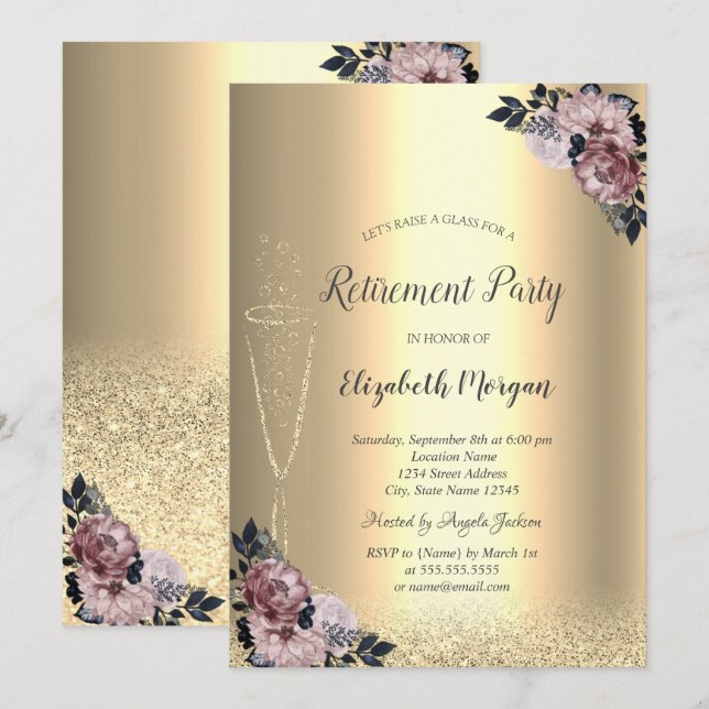 Invitación Copo de vino Bokeh dorado floral Jubilación I (Anverso / Reverso)