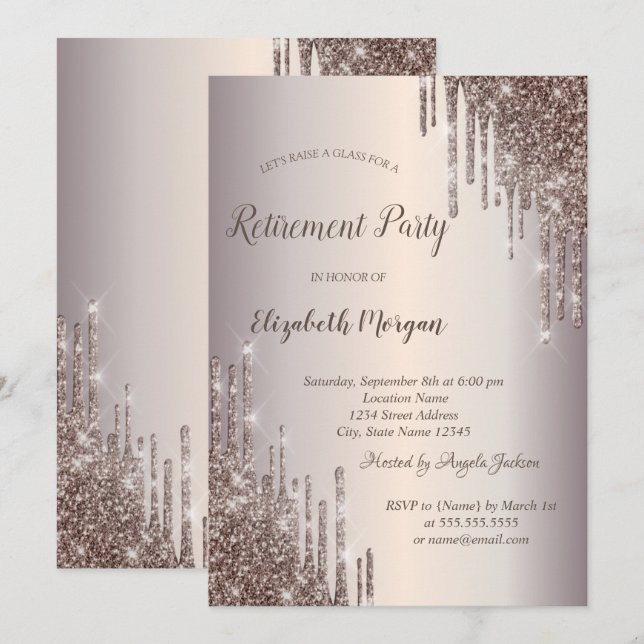 Invitación Copo de vino chic con gotas de brillo Jubilación   (Anverso / Reverso)