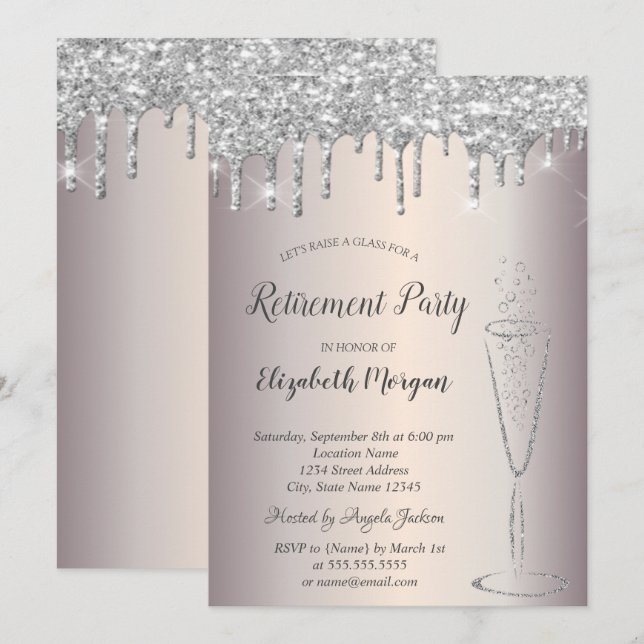 Invitación Copo de vino chic con gotas de brillo plateado Jub (Anverso / Reverso)