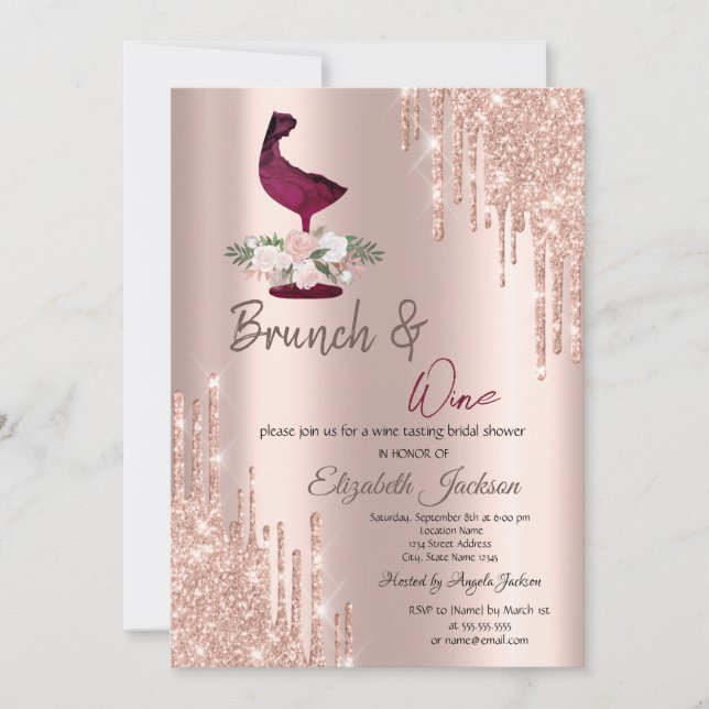 Invitación Copo de vino con gotas de oro rosa para despedida  (Anverso)