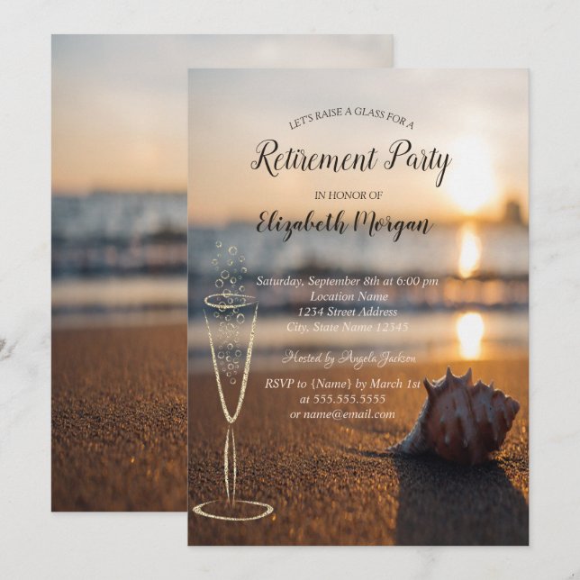 Invitación Copo de Vino de Atardecer en la Playa y Concha de  (Anverso / Reverso)