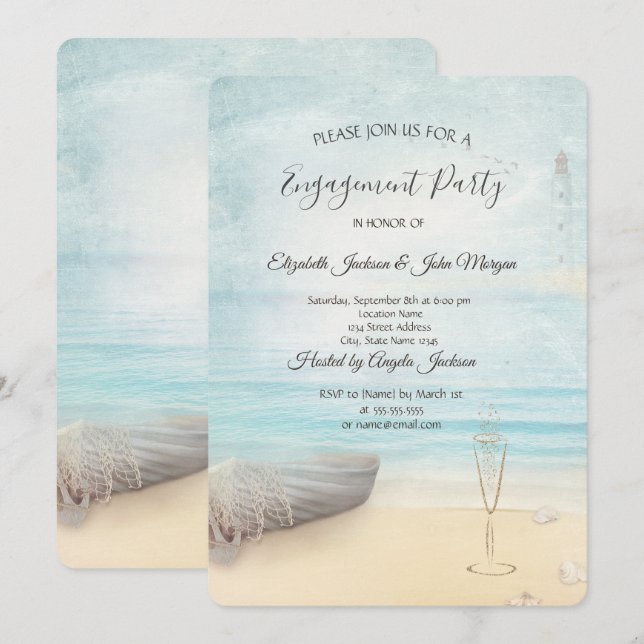 Invitación Copo de vino de faro de barco de playa Compromiso (Anverso / Reverso)