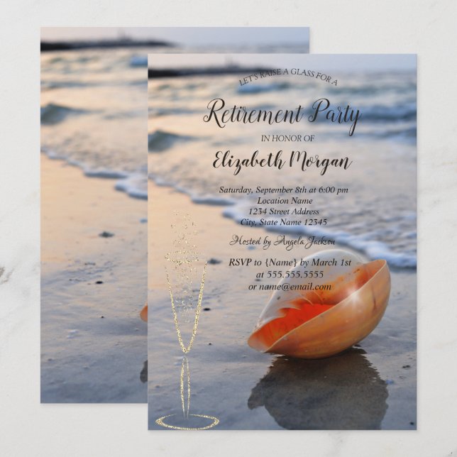 Invitación Copo de vino de playa mar concha jubilación (Anverso / Reverso)